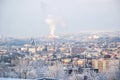 Panorama of the city of Brno in the Czech Republic in Europe in winter. Snow-covered trees, frozen houses and hills with snow in t