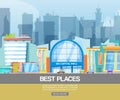 Panorama city building vector illustration. Modern shopping center with city mall emporium, art gallery. Building with