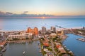 Panorama of city Clearwater Beach FL. Summer vacations in Florida. Beautiful View on Hotels and Resorts on Island. Colorful Sunset Royalty Free Stock Photo