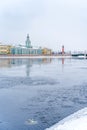 Panorama of the city, frozen Neva and view of the Kunstkamera in St. Petersburg, winter landscape