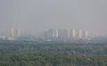 Panorama of the city are shrouded in thick smoke from burning peat bogs. Kiev