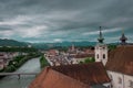 Panorama of the city of Steyr looking down from the castle hill. Lush green setting in a picturesque city in Upper Austria