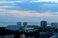 Panorama of the city of Togliatti at sunset overlooking the universal sports complex Olympus.