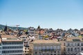 Panorama of city view from the hill of Lindenhof of the of old downtown of Zurich city, with beautiful house at the bank of Limmat Royalty Free Stock Photo