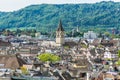 Panorama of city view of old downtown of Zurich, with clock tower of St. Peter Pfarrhaus, view from ZTH campus Royalty Free Stock Photo