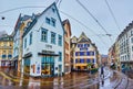 Panorama of the cityscape on old Basel with traditional houses on Barfusserplatz square, Switzerland