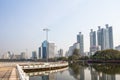 Panorama of cityscape with skyscrapers and sky line from Benjakitti Park in Bangkok, Thailand.
