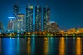 Panorama of cityscape with skyscrapers and sky line by night from Benjakitti Park in Bangkok, Thailand