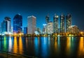 Panorama of cityscape with skyscrapers and sky line by night from Benjakitti Park in Bangkok, Thailand