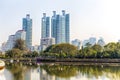 Panorama of cityscape with skyscrapers and skyline from Benjakitti Park in Bangkok, Thailand.