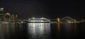 Panorama cityscape : Wonderful Night view of colourful city and cruise ship near Harbor Bridge at Sydney, Australia. View at Sydne