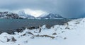 Panorama of classic landscape in Lofoten Islands Norway. Beach covered in snow