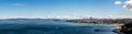 Panorama on a clear day of the San Francisco skyline, alcatraz island and crissy field Royalty Free Stock Photo