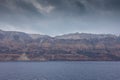 Panorama of the cliff of the caldera in the island of Santorini, Greece