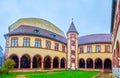 Panorama of the cloister of State Archives Basel-stadt with arcades and small tower, Basel, Switzerland