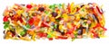 Panorama close up a background from colorful sweets of sugar can