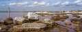 Panorama close up of salt rocks at Torrevieja Pink Lake, Alicante Spain Royalty Free Stock Photo