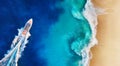 Panorama of a coast and fast boat as a background from top view. Aerial view of luxury floating boat. Nusa Penida island, Indone Royalty Free Stock Photo