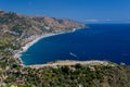 Panorama of the coast of Ionian sea from greek theater in Taormina Royalty Free Stock Photo