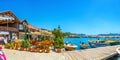 Panorama of coastal cafes in Ucagiz, Kekova, Turkey