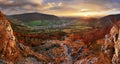 Panorama of Colorful autumn landscape in the mountain village. F Royalty Free Stock Photo