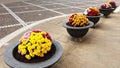 Panorama of colorful chrysanthemum flowers are growing in pots in a row Royalty Free Stock Photo