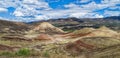 Panorama of the colorful clay hills behind blooming yellow flowers at the Painted Hills unit of the John Day Fossil Beds National Royalty Free Stock Photo