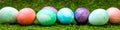Panorama, colorful dyed easter eggs in a line on green meadow Royalty Free Stock Photo