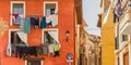 Panorama of colorful houses with drying laundry in Tudela