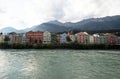 Panorama of colorful houses historic architecture Inn river from market square Marktplatz Innsbruck Tyrol Austria Alps