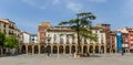 Panorama of colorful houses at the market square of Logrono