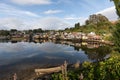A panorama of the colorful stilt houses of Castro on Chiloe, also known as palafitos. Royalty Free Stock Photo