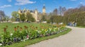 Panorama of colorful tulips in the castle garden of Schwerin