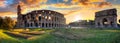 Panorama of the Colosseum and Arch of Constantine the Great at sunrise, Rome. Italy Royalty Free Stock Photo