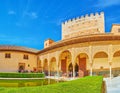 Panorama of Comares Palace and Tower from the Court of Myrtles, Nasrid Palace, Alhambra, Granada, Spain Royalty Free Stock Photo