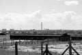Panorama of concentration camp with barracks, Maidanek Lublin Poland black and white photo