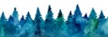 Panorama of a coniferous forest. Christmas trees, pines. White background. Watercolor blur. Blue and green colors. Royalty Free Stock Photo