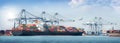 Panorama of Container cargo freight ship during discharging at industrial port move to container yard by trucks, handlers, cargo