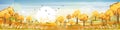 Panorama of Countryside landscape in autumn, Vector illustration of horizontal banner of Autumn landscape, barn, mountains and