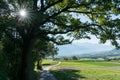 Panorama countryside view with sun shining and fields and forest and mountains in early autumn Royalty Free Stock Photo