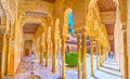 Panorama of Court of Lions arcade, Lions Palace, Alhambra, Granada, Spain