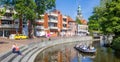 Panorama of a cruiseboat with tourists in the center of Nordhorn