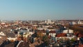 Panorama curve shot of large town. Aerial view of Bornheim neighbourhood from drone. Frankfurt am Main, Germany