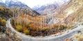 Panorama of Curved road in autumn scenery with river, valley of rocky mountains in Pakistan