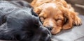 Panorama Cute Black and Brown Puppy Dogs Sleeping on a Cushion Panoramic Web Banner Header