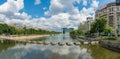 Panorama of Dambovita river and The National Library in downtown Royalty Free Stock Photo