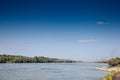 Panorama of the danube river on the serbia croatia river with the ilok backa palanka bridge in background, a major border crossing