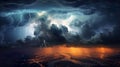 Panorama Dark cloud at evening sky with thunder bolt. Heavy storm bringing thunder, lightnings and rain in summer. Black and white Royalty Free Stock Photo