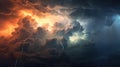 Panorama Dark cloud at evening sky with thunder bolt. Heavy storm bringing thunder, lightnings and rain in summer. Black and white Royalty Free Stock Photo