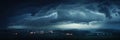 Panorama Dark cloud at night with thunder bolt. Heavy storm bringing thunder, lightnings and rain in summer Royalty Free Stock Photo